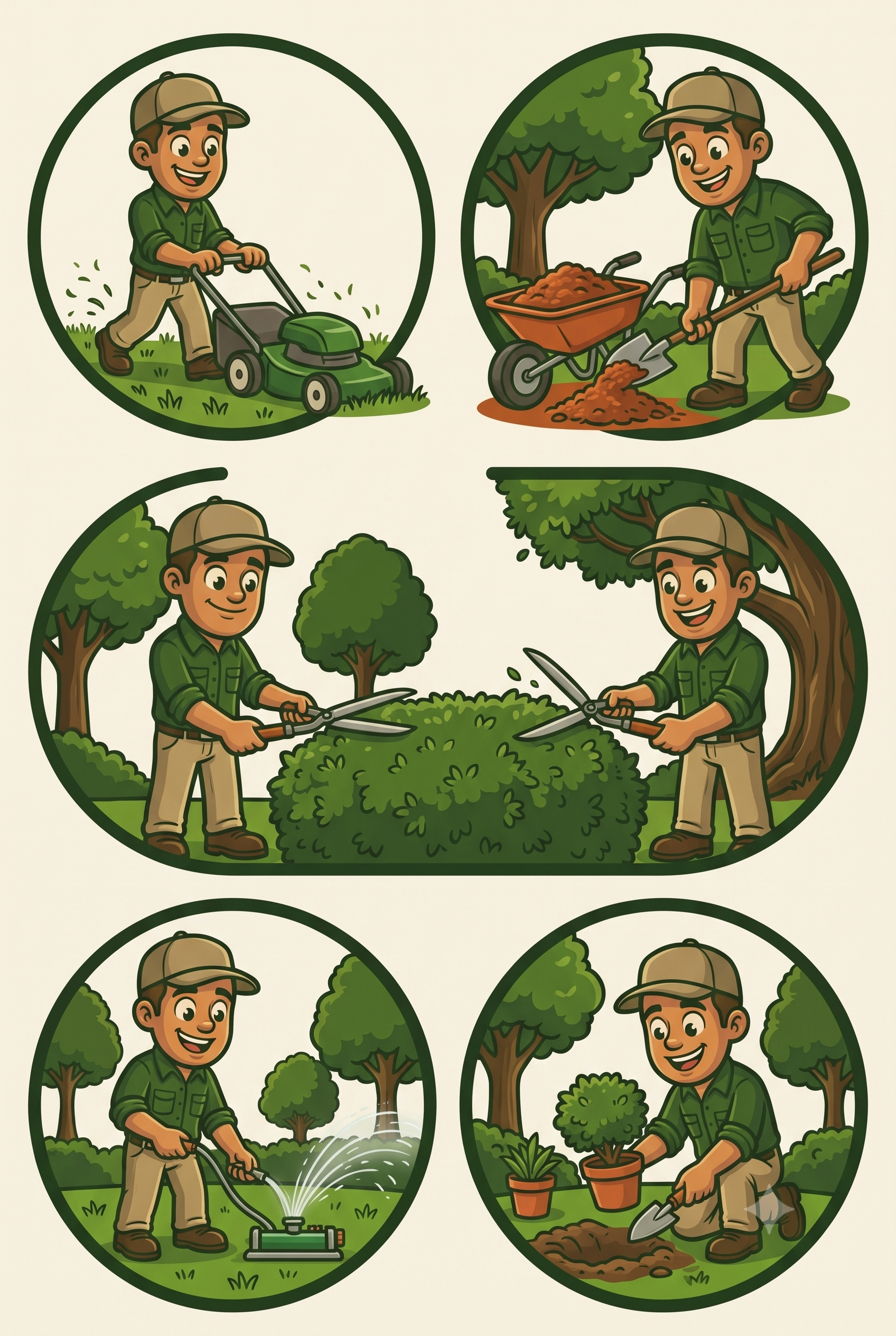 Illustrated overview of Great Garden Landscaping's core services — mowing, mulching, trimming, irrigation, and planting