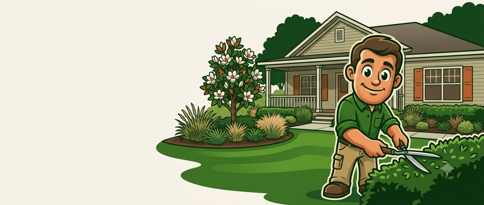 Illustrated Lowcountry yard scene representing Great Garden Landscaping's services in Johns Island, SC